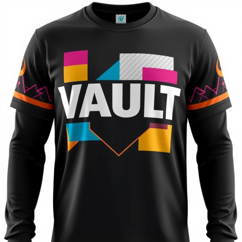 A realistically rendered T-shirt designed for a fictional movie titled "VAULT," set in the 1990s