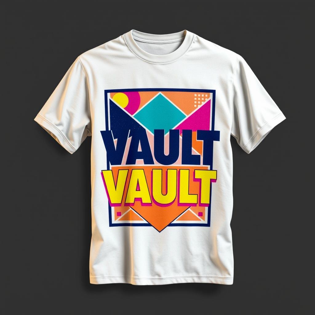 A realistically rendered T-shirt designed for a fictional movie titled "VAULT," set in the 1990s