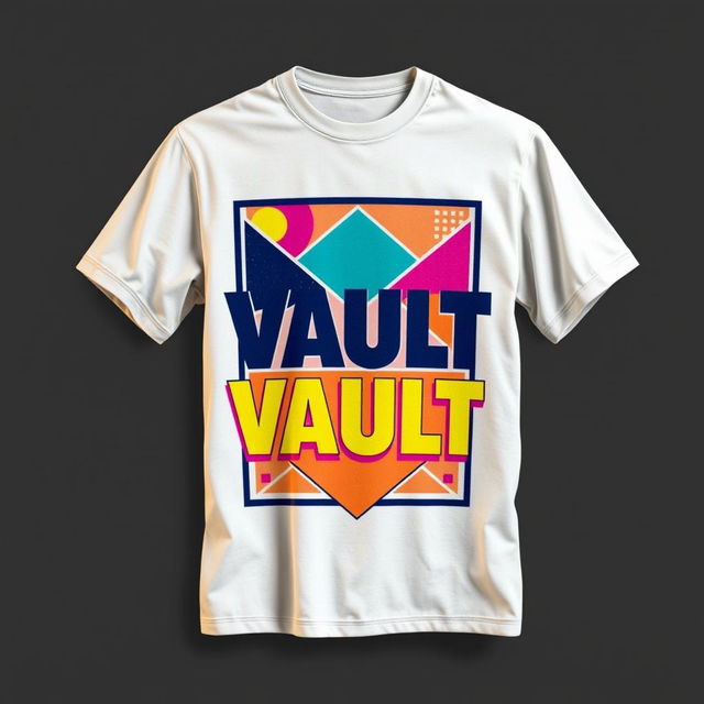 A realistically rendered T-shirt designed for a fictional movie titled "VAULT," set in the 1990s