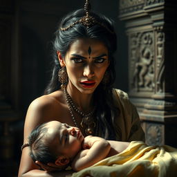 A dramatic and intense moment from the Mahabharata, focusing on Princess Ambalika