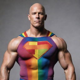 A striking image of a bald, muscular superhero who is openly gay. His Caucasian skin gleams in the light, reflecting his strength and identity. The rainbow emblem on his chest signals his pride.