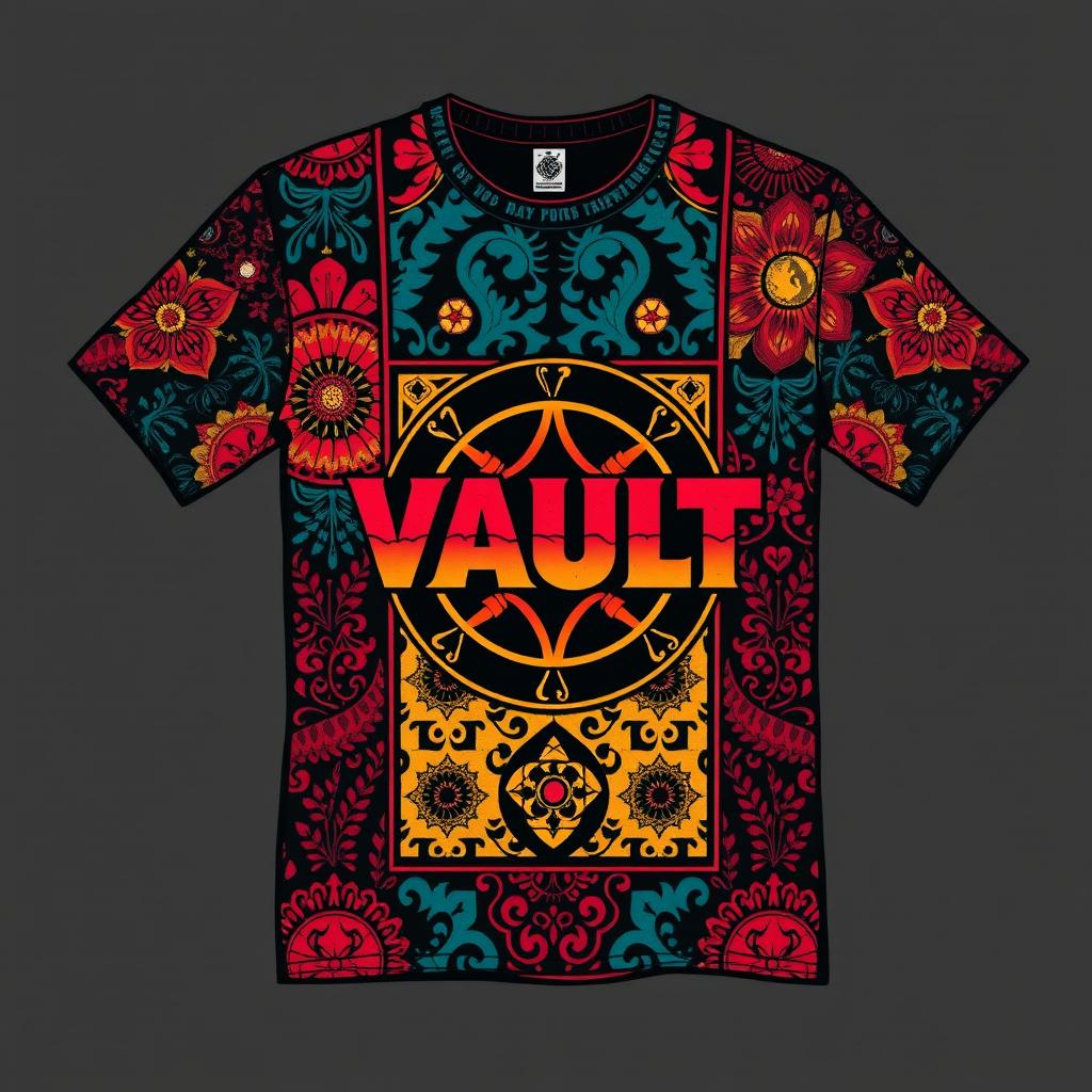 A realistic and retro 1990s-style T-shirt designed for a fictional movie titled "VAULT," with a mysterious twist