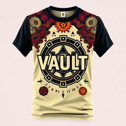 A realistic and retro 1990s-style T-shirt designed for a fictional movie titled "VAULT," with a mysterious twist