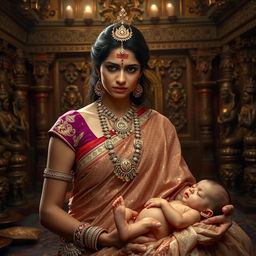 A dramatic and intense moment from the Mahabharata featuring Princess Ambalika, who is depicted as pale and sweaty, her expression reflecting deep fear