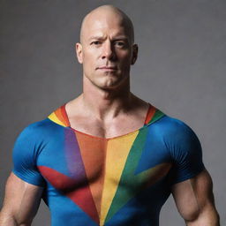 A striking image of a bald, muscular superhero who is openly gay. His Caucasian skin gleams in the light, reflecting his strength and identity. The rainbow emblem on his chest signals his pride.