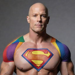 A striking image of a bald, muscular superhero who is openly gay. His Caucasian skin gleams in the light, reflecting his strength and identity. The rainbow emblem on his chest signals his pride.