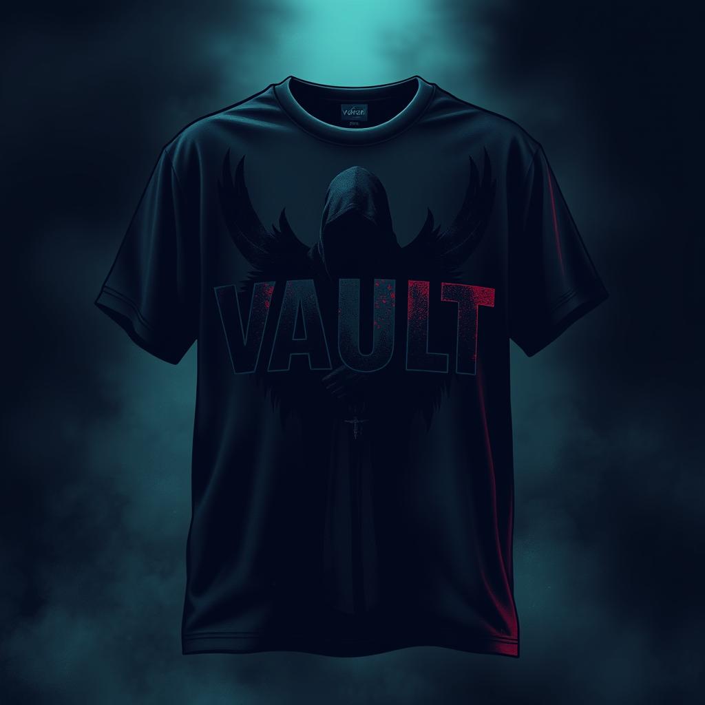 A dark and edgy T-shirt design set in the 1990s, featuring the theme "VAULT"