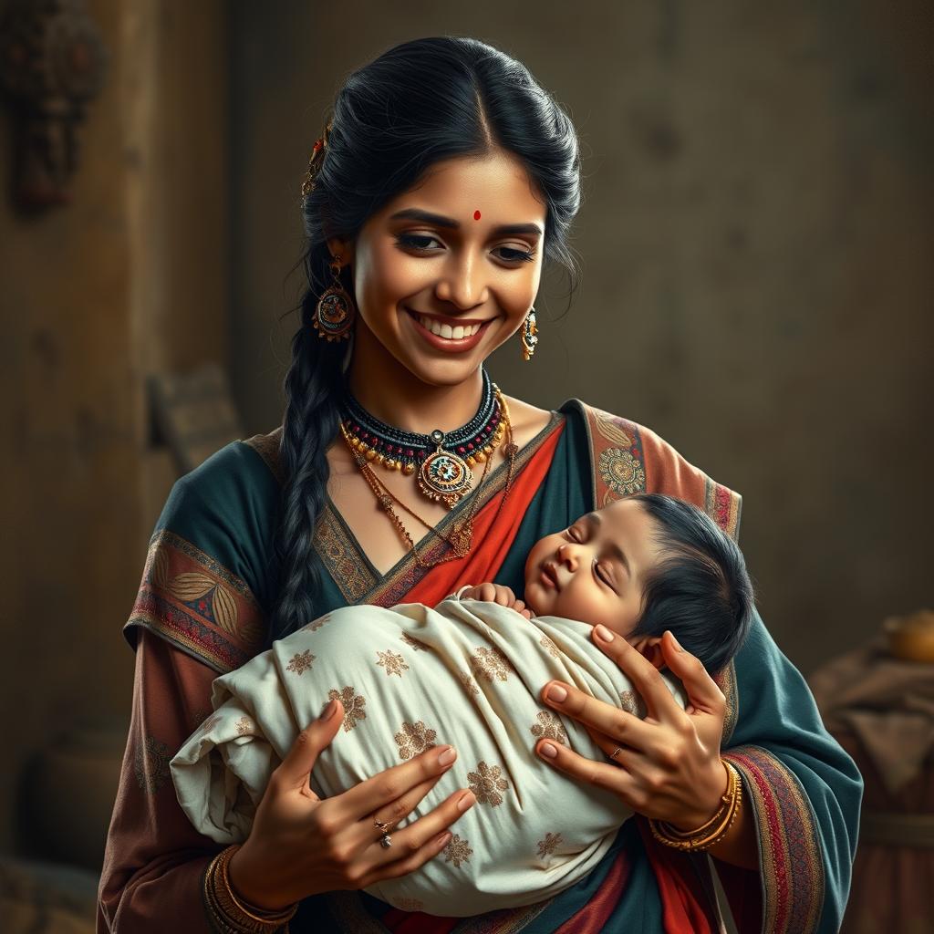 A realistic portrayal of a female servant from the Mahabharata, showcasing a pure and warm smile as she gently holds a newborn baby in her arms