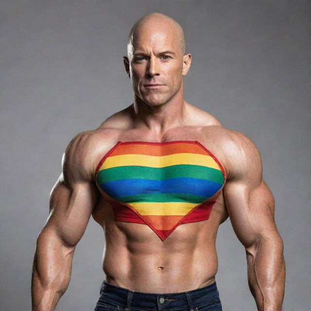 A striking image of a bald, muscular superhero who is openly gay. His Caucasian skin gleams in the light, reflecting his strength and identity. The rainbow emblem on his chest signals his pride.