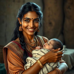 A realistic portrayal of a female servant from the Mahabharata, showcasing a pure and warm smile as she gently holds a newborn baby in her arms