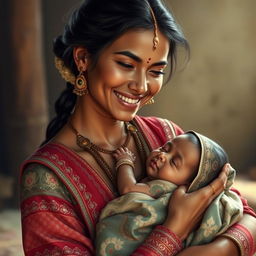 A realistic portrayal of a female servant from the Mahabharata, showcasing a pure and warm smile as she gently holds a newborn baby in her arms