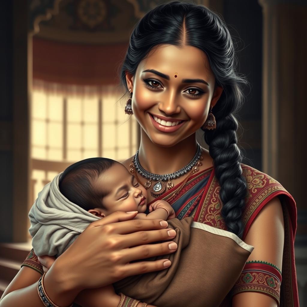 A realistic portrayal of a female servant from the Mahabharata, showcasing a pure and warm smile as she gently holds a newborn baby in her arms