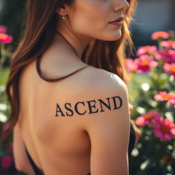 a woman with a tattoo of the word "ASCEND" on her back, showing her upper body