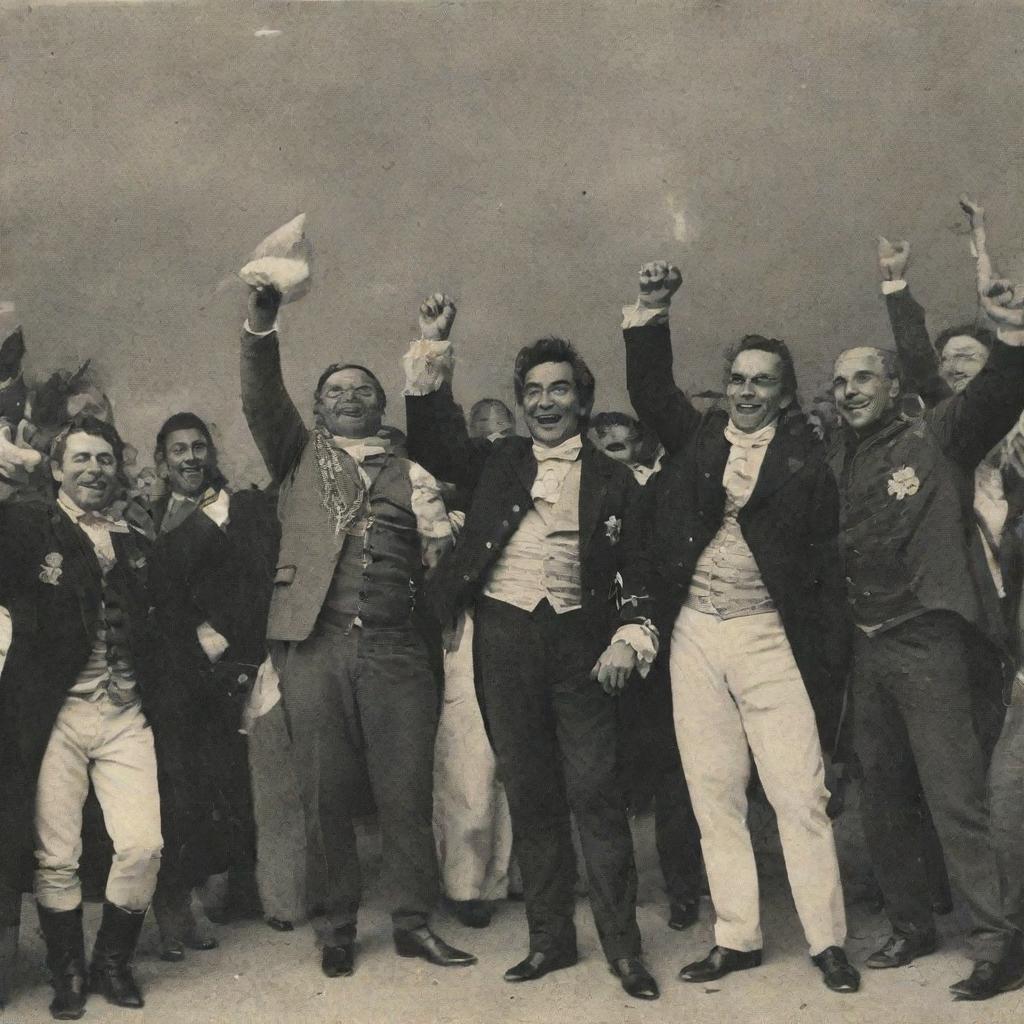 Bolívar, Santander, and other leaders celebrating their victory. The text 'Liberty has triumphed, but the struggle for a future without chains continues' is written beneath them.