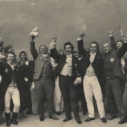 Bolívar, Santander, and other leaders celebrating their victory. The text 'Liberty has triumphed, but the struggle for a future without chains continues' is written beneath them.