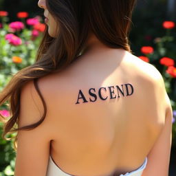 a woman with a tattoo of the word "ASCEND" on her back, showing her upper body