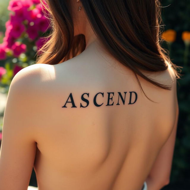 a woman with a tattoo of the word "ASCEND" on her back, showing her upper body