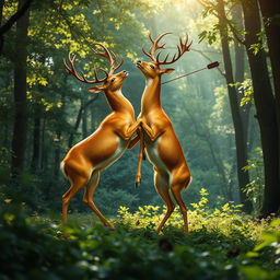 A vivid and poignant scene depicting a pair of golden deer in mid-mating pose, having been abruptly interrupted by an arrow during the act, both deer are beautifully vibrant and majestic even amidst the tragedy