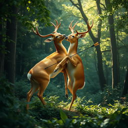 A vivid and poignant scene depicting a pair of golden deer in mid-mating pose, having been abruptly interrupted by an arrow during the act, both deer are beautifully vibrant and majestic even amidst the tragedy