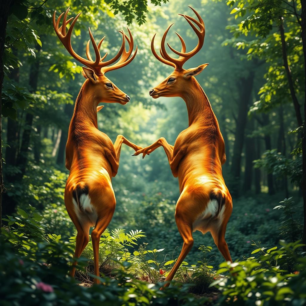 A vivid and poignant scene depicting a pair of golden deer in mid-mating pose, having been abruptly interrupted by an arrow during the act, both deer are beautifully vibrant and majestic even amidst the tragedy