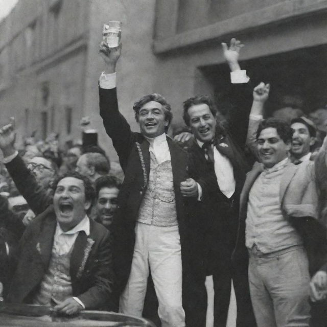 Bolívar, Santander, and other leaders celebrating their victory. The text 'Liberty has triumphed, but the struggle for a future without chains continues' is written beneath them.