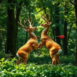 A vivid and poignant scene depicting a pair of golden deer in mid-mating pose, having been abruptly interrupted by an arrow during the act, both deer are beautifully vibrant and majestic even amidst the tragedy