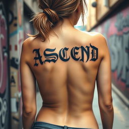 a woman with a graffiti-style tattoo of the word "ASCEND" on her back in an old English font