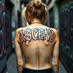 a woman with a graffiti-style tattoo of the word "ASCEND" on her back in an old English font