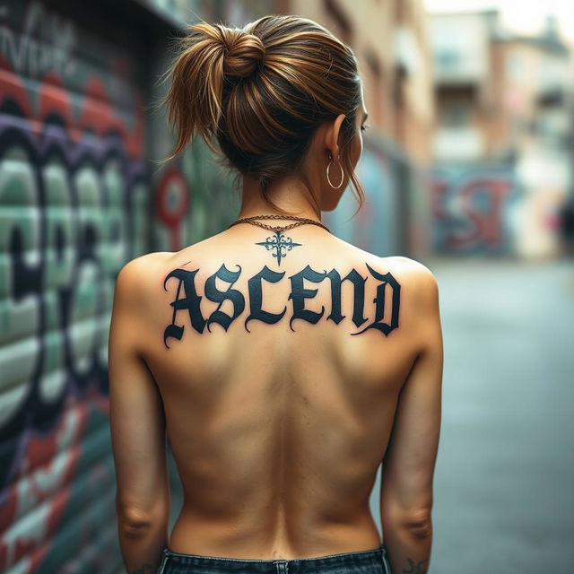 a woman with a graffiti-style tattoo of the word "ASCEND" on her back in an old English font