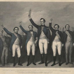 Bolívar, Santander, and other leaders celebrating their victory. The text 'Liberty has triumphed, but the struggle for a future without chains continues' is written beneath them.