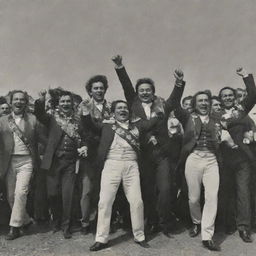 Bolívar, Santander, and other leaders celebrating their victory. The text 'Liberty has triumphed, but the struggle for a future without chains continues' is written beneath them.