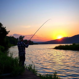 A serene and picturesque scene of a fisherman casting a line into a tranquil lake