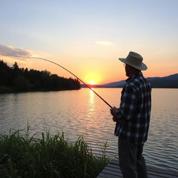 A serene and picturesque scene of a fisherman casting a line into a tranquil lake