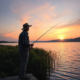 A serene and picturesque scene of a fisherman casting a line into a tranquil lake