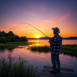 A serene and picturesque scene of a fisherman casting a line into a tranquil lake