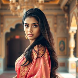 Confident and elegant Indian woman posing gracefully, wearing a stunning traditional sari with intricate gold embroidery