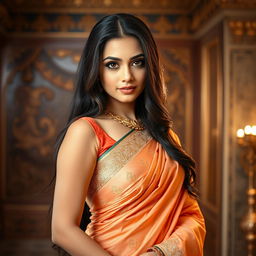 Confident and elegant Indian woman posing gracefully, wearing a stunning traditional sari with intricate gold embroidery