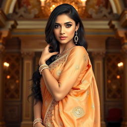 Confident and elegant Indian woman posing gracefully, wearing a stunning traditional sari with intricate gold embroidery