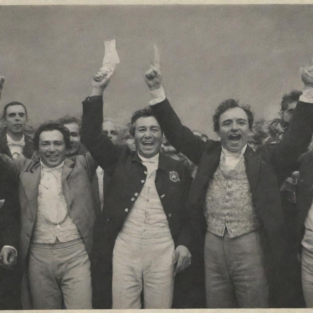 Bolívar, Santander, and other leaders celebrating their victory. The text 'Liberty has triumphed, but the struggle for a future without chains continues' is written beneath them.