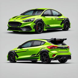 A high-performance AWD 4-door car inspired by the 2024 Ford Focus ST Track Ready Version, presented from angled front, side, and rear views