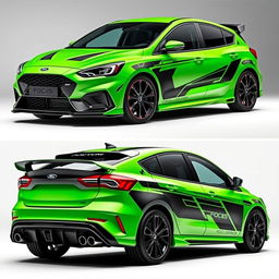 A high-performance AWD 4-door car inspired by the 2024 Ford Focus ST Track Ready Version, presented from angled front, side, and rear views