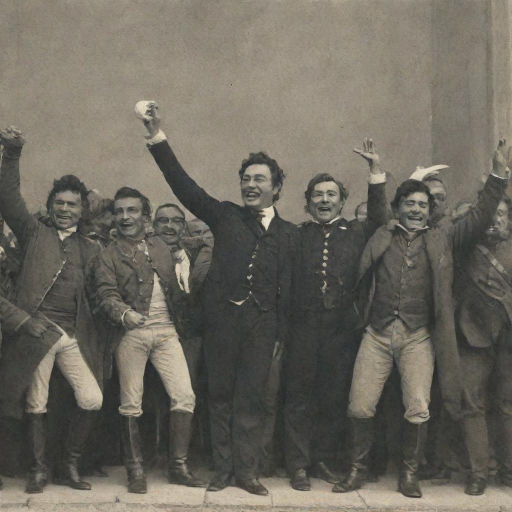 Bolívar, Santander, and other leaders celebrating their victory. The text 'Liberty has triumphed, but the struggle for a future without chains continues' is written beneath them.