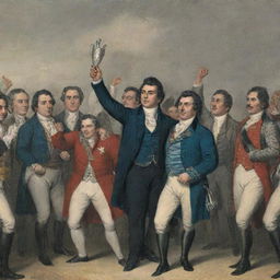 Bolívar, Santander, and other leaders celebrating their victory. The text 'Liberty has triumphed, but the struggle for a future without chains continues' is written beneath them.