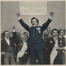 Bolívar, Santander, and other leaders celebrating their victory. The text 'Liberty has triumphed, but the struggle for a future without chains continues' is written beneath them.