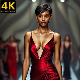 an ultra-realistic Black model, showcasing 4K quality, exuding sensuality in a dark red sensual dress with a sexy slit