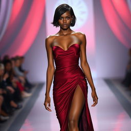 an ultra-realistic Black model, showcasing 4K quality, exuding sensuality in a dark red sensual dress with a sexy slit