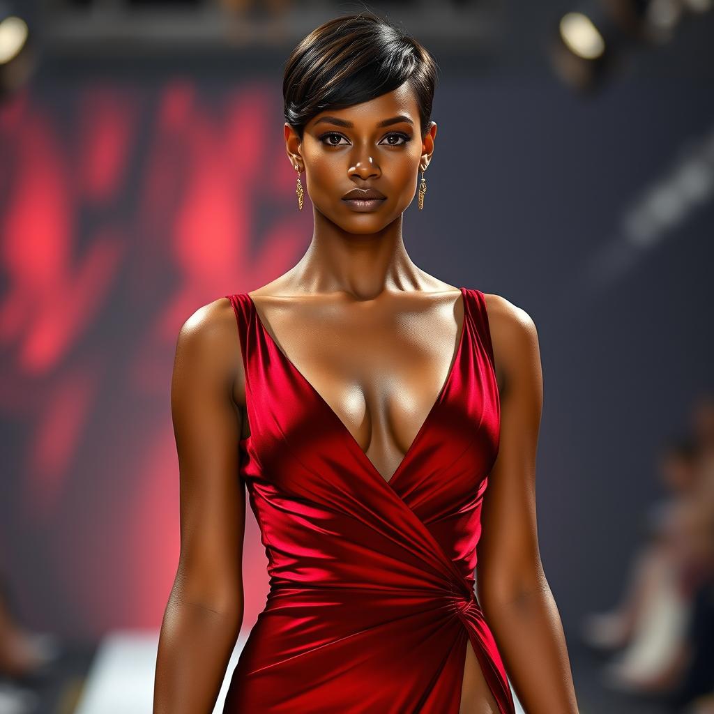 an ultra-realistic Black model, showcasing 4K quality, exuding sensuality in a dark red sensual dress with a sexy slit