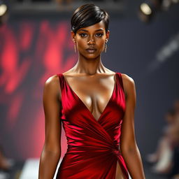 an ultra-realistic Black model, showcasing 4K quality, exuding sensuality in a dark red sensual dress with a sexy slit