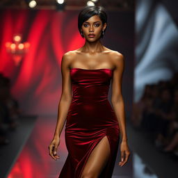 an ultra-realistic Black model, showcasing 4K quality, exuding sensuality in a dark red sensual dress with a sexy slit