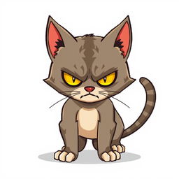 Sly and angry cat character designed for a Unity game, portrayed in detailed pixel art style, with a mischievous expression on its face, on a plain white background